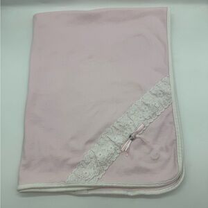 Vintage Baby DIOR Pink Baby Blanket with Embroidered Roses and ribbon.